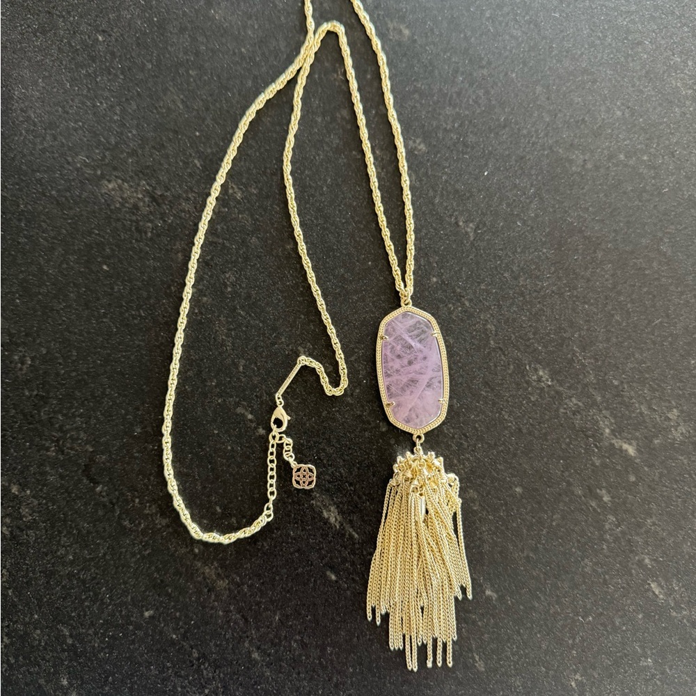 Kendra Scott Pink Stone Pendant Necklace with Gold Tassel and Long Chain